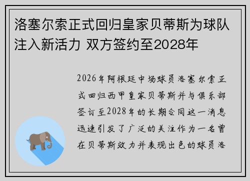 洛塞尔索正式回归皇家贝蒂斯为球队注入新活力 双方签约至2028年