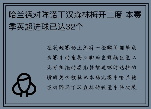 哈兰德对阵诺丁汉森林梅开二度 本赛季英超进球已达32个 哈兰德对阵诺丁汉森林梅开二度 本赛季英超进球已达32个