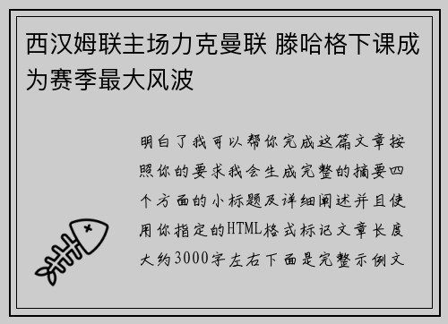 西汉姆联主场力克曼联 滕哈格下课成为赛季最大风波 西汉姆联主场力克曼联 滕哈格下课成为赛季最大风波